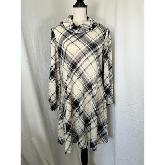 Chetta B Dresses & Skirts - Chetta B Plaid Flannel Trapeze Dress Black & Cream Removable Cowl Size Med